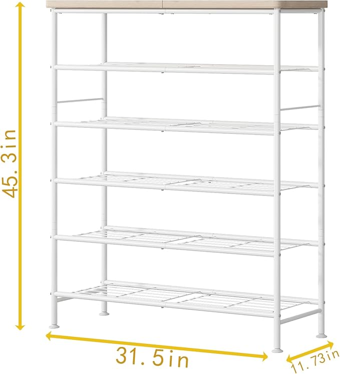 Shoe Rack Organizer 6 Tier for Closet Entryway Free Standing Metal Storage Shoe Shelf with MDF Top Board，White+Oak