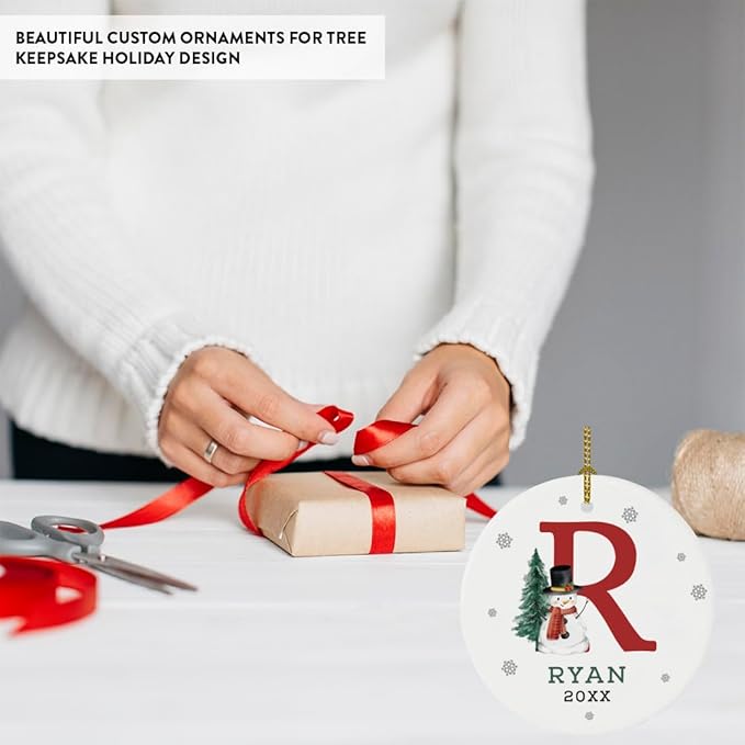 Andaz Press Personalized Christmas Ornaments, Custom Name, Initial R Monogram Snowman 2.8" Ceramic Porcelain 2025 Christmas Ornament Keepsake for Kids, Boys, Girls, 1-Pack Initial Ornaments