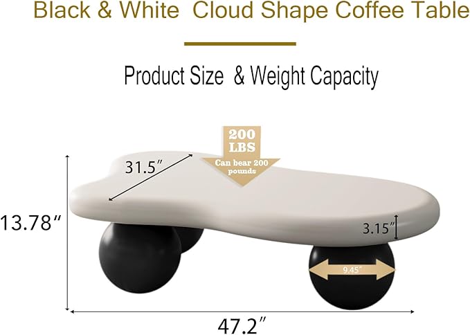 47 Inch Cloud Shaped Coffee Table with 3 Ball Legs for Living Room White Top Black Legs
