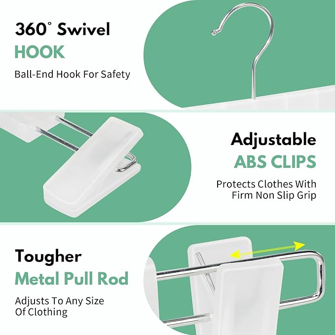 Skirt Hangers, Pants Hangers with Clips，360 ° Swivel Hooks Space Saving Hangers for Pants, Skirts, Clothes, Jeans (30 Pack, Translucent)