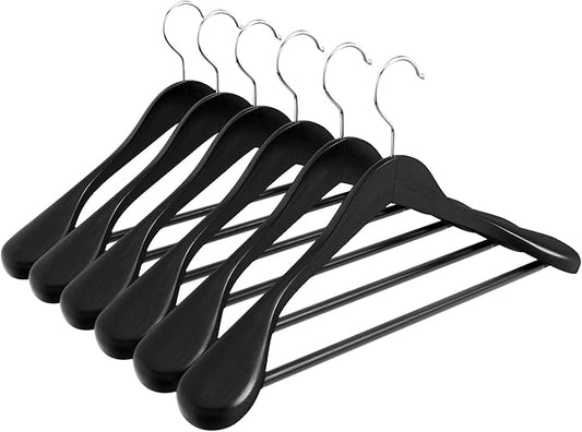 Solid Wood Suit Hangers, 6 Pack, Coat Hangers with Non Slip Trouser Bar, 360° Swivel Hook, Heavy Duty Wide for Suit, Coat, Jacket, Trousers, Pants,17.3" W x 9" H, Black AWY0406B