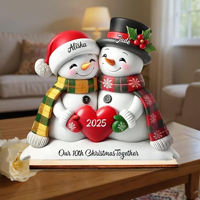 Personalized Snowman Couple Wooden Plaque,Our 10th Christmas Together, Holiday Home Decor for Wife Husband, Keepsake for Anniversary or First Christmas Together