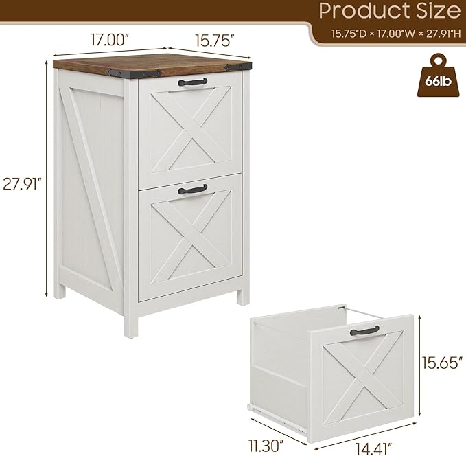 Vertical File Cabinet with 2 Drawers, Wooden Farmhouse Filing Cabinet for Letter/A4 Size Hanging Files, Under Desk Printer Stand with Storage for Home Office, Rustic White
