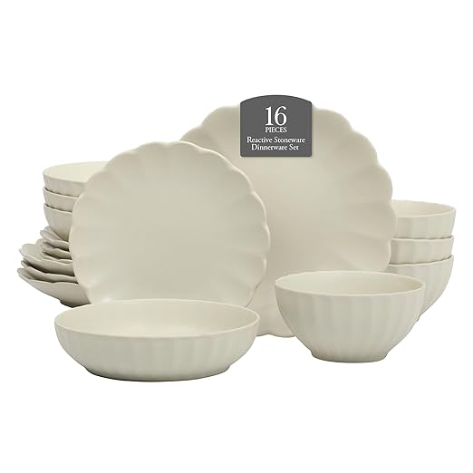 Gibson Elite Malibu Shore 16 Piece Scallop Stoneware Reactive Glaze (Service for 4) Ceramic Plates and Bowls Dinnerware Set - Cream White