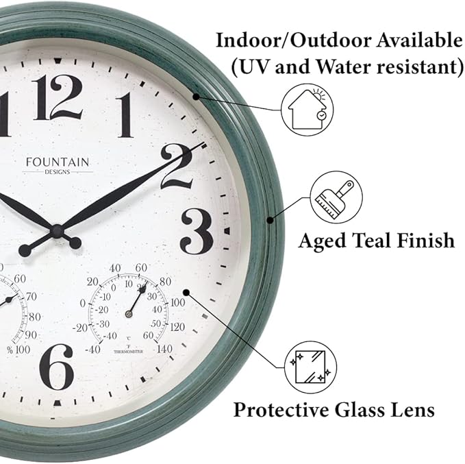 Maison in/Outdoor Clock with Thermometer, 2 in One Weather Station (Weather Thermometer/Wall Decoration) (Aged Teal, 18 inch)