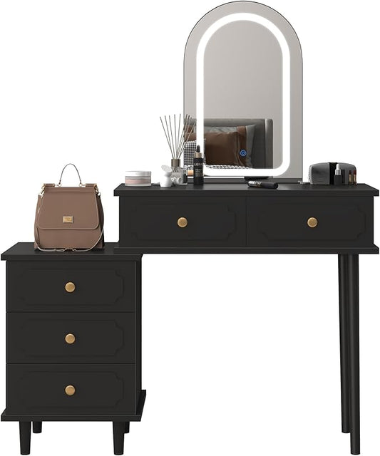 Garvee Makeup Vanity Desk with Mirror and Lights, Modern Black Vanity Table with 2 Drawers & Adjustable 3-Drawer Cabinet, Wood Dressing Table for Bedroom