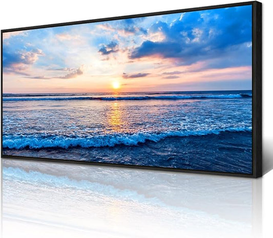 Wapluam Bedroom Decor: Blue Beach Sea Waves Landscape Canvas Print, Large Wall Art, Ready To Hang, Black Framed