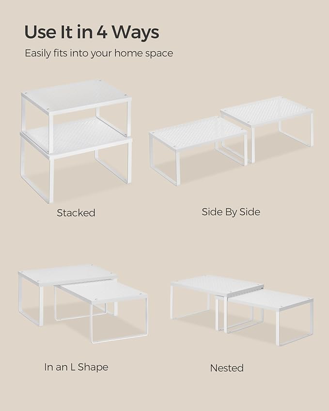 SONGMICS Spice Racks, Set of 4 Metal Cabinet Shelf Organizers, Countertop Organizers, Shelf Risers, Stackable, Expandable, White UKCS006W01