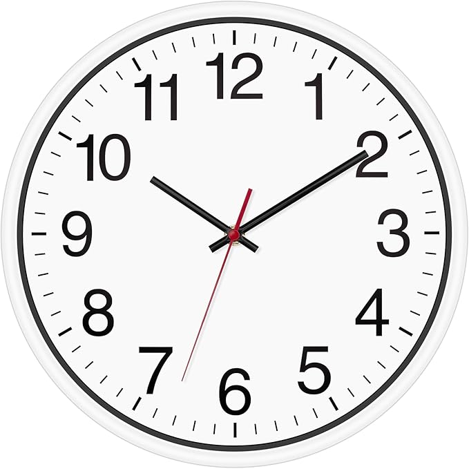 Foxtop White Wall Clock Silent Non-Ticking 12 Inch Quartz Battery Operated Round Analog Wall Clock for Classroom School Office Living Room Bedroom Home