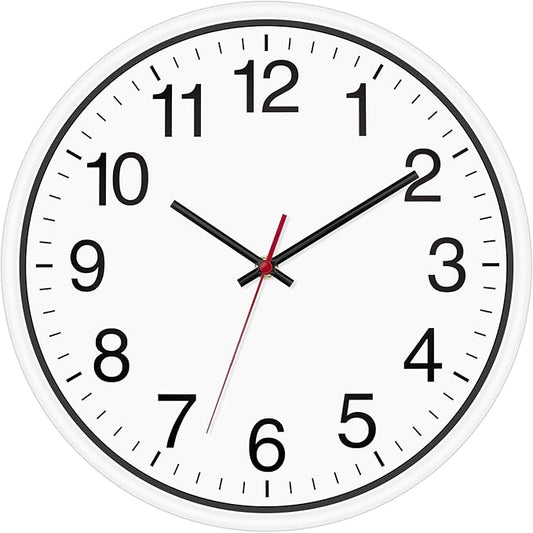 Foxtop White Wall Clock Silent Non-Ticking 12 Inch Quartz Battery Operated Round Analog Wall Clock for Classroom School Office Living Room Bedroom Home