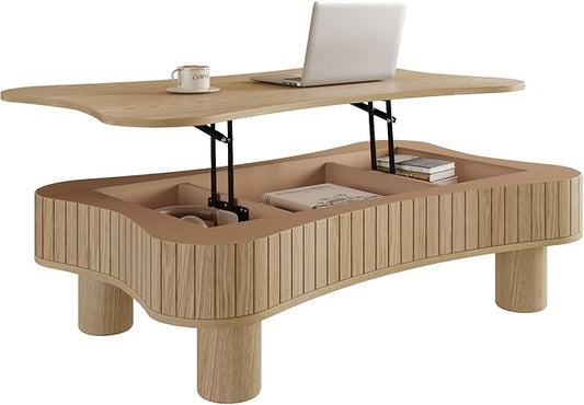 42.5'' Modern Lift Top Coffee Table for Living Room, Solid Natural Wood Center Table, Fluted Panel Design, Storage Compartments, 42.5x27.2 Inch Surface, Hydraulic Lift Mechanism, Easy Assembly