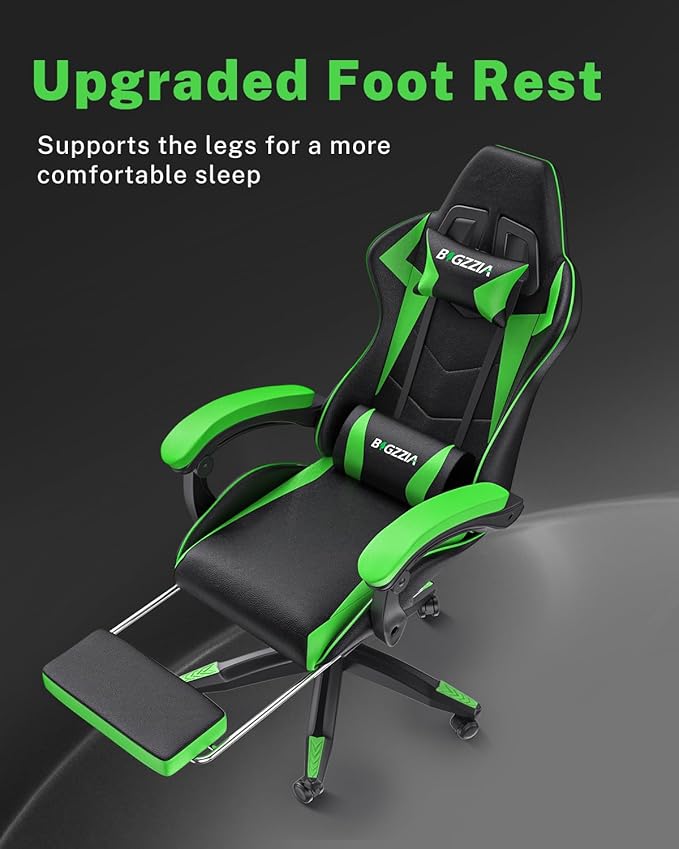 Gaming Chair with Footrest, High Back Ergonomic Computer Gamer Chair with Headrest and Lumbar Support, Racing Style Reclining Game Chair for Adults, Kids (Green-Black)