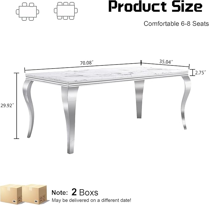 70" Large Marble Dining Table for 4-6 People, Modern Kitchen Table with Faux Marble top and Stainless Steel Leg, Perfect for Home Kitchen Living Room, White,Silver
