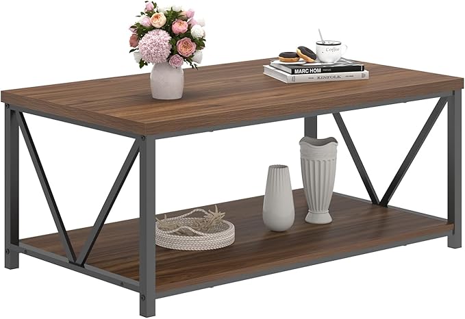 FOLUBAN Coffee Table, Modern Center Table with Storage Shelf, Rustic Wood and Metal Cocktail Table for Living Room, 39.3 Inch Walnut