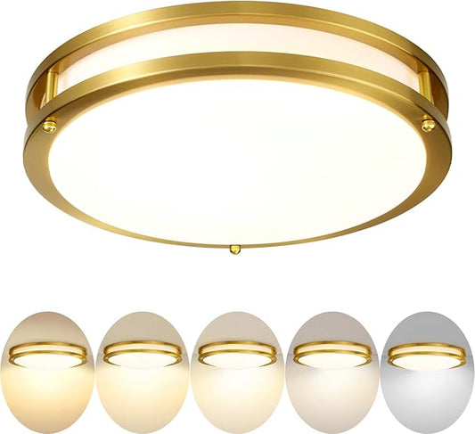 Gold Ceiling Light Fixture 24W, 12 inch LED Flush Mount Ceiling Light for Bedroom, Kitchen, Bathroom, Dimmable Close to Ceiling Light Fixture for Hallway 5CCT…