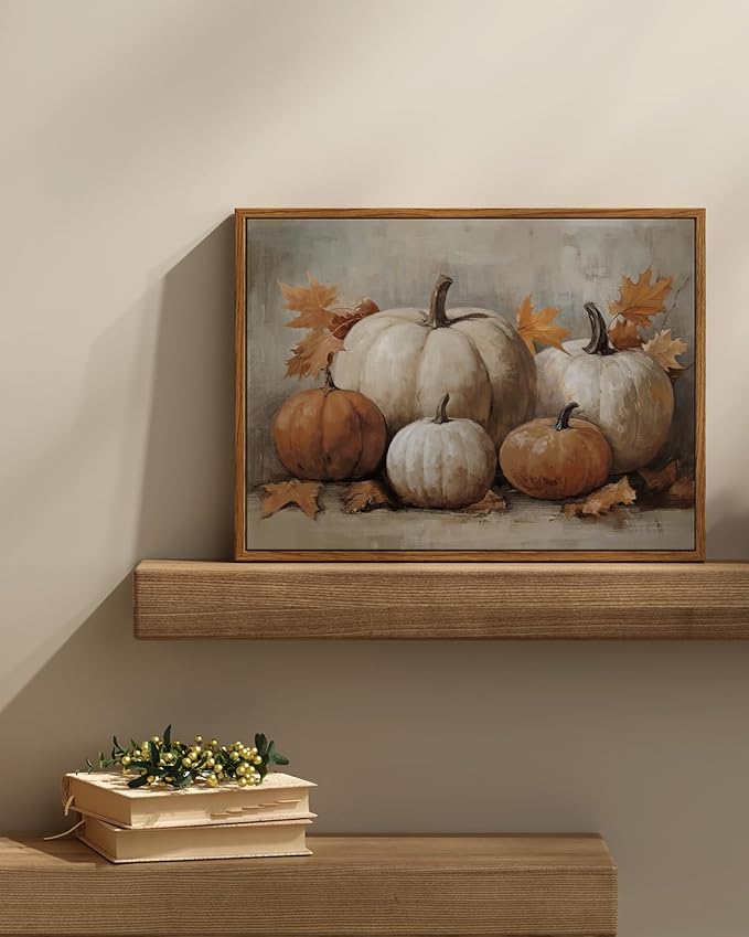 InSimSea Framed Canvas Wall Art Vintage Decor, Fall Pumpkin Wall Decor for Living Room Bedroom Bathroom, Rustic Autumn Still Life Paintings Prints, Halloween Desk Decorations, 12x16inch