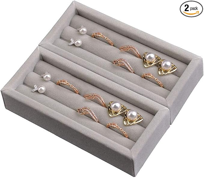 DesignSter Small Jewelry Tray, 2PCS Ring Organizer, Velvet Jewelry Display Tray, Stackable Jewelry Organizer Trays, Jewelry Drawer Organizer Inserts For Dresser, Jewelry Box (Gray)