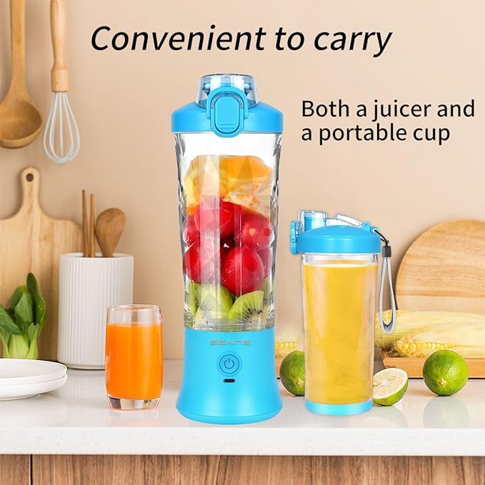 Portable Blender for Shakes and Smoothies With 20 Oz Travel Cup and Lid, Mini Personal Size With 6 Blades and USB Rechargeable for Gym, Kitchen and Outdoors (Blue)
