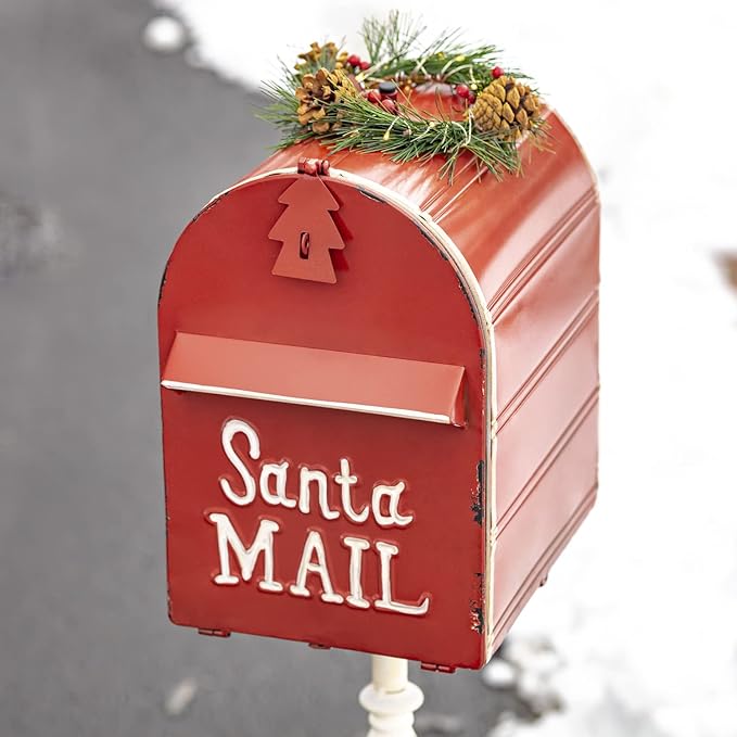42" Tall Metal Standing Santa's Mail Christmas Mailbox with Light-up LED Wreath (Red Top)