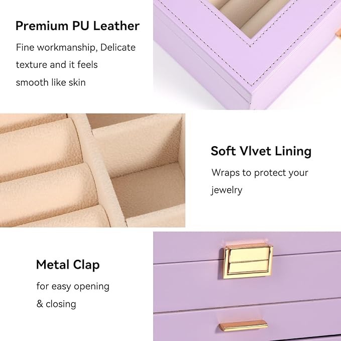 Voova Jewelry Box Organizer for Women Girls, 3 Layer PU Leather Jewelry Storage Case with Glass Lid & 2 Drawers, Large Jewellery Display Holder for Necklaces Rings Earrings Bracelets, Lavender