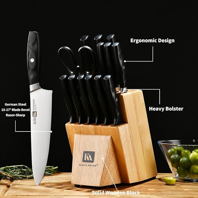 15 Pieces Knife Block Set, High Carbon German Stainless Steel Forged Sharp Blade Knife Set With Block, Dishwasher Safe Cutlery