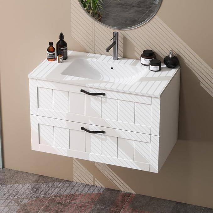 Goujxcy 31.5" Wall Mounted Bathroom Vanity with Sink, Modern Floating Bathroom Cabinet with Ceramic Sink & Double Drawers, Wood Hanging Bath Room Cabinet with Soft-Close System (White)