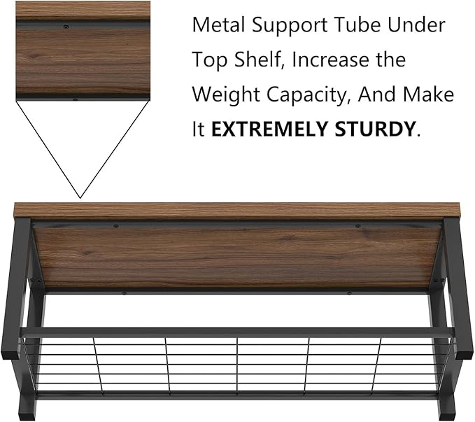 FOLUBAN Shoe Bench, Modern Wood and Metal Storage Bench for Entryway Hallway, Industrial Indoor Bedroom Bench Seat for Living Room, Mudroom, Rustic Walnut, 47 Inch