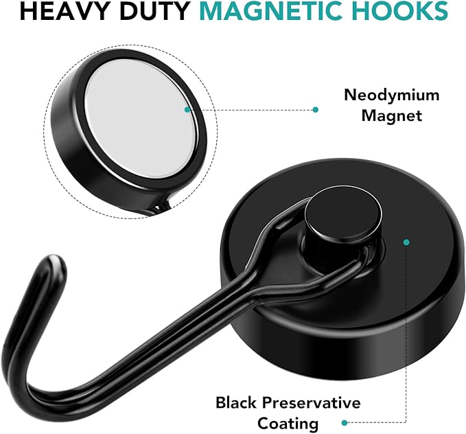 DIYMAG Black Magnetic Hooks, 110LBS Strong Magnetic Hooks Heavy Duty, Cruise Ship Essentials Magnet Hooks with Metal Hook for Hanging Refrigerator Home Kitchen Office, 8Pack