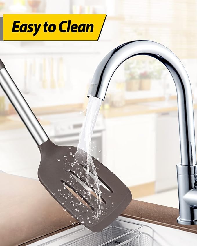 Pack of 2 Silicone Solid Turner, Non Stick Slotted Kitchen Spatulas, High Heat Resistant BPA Free Cooking Utensils, Ideal Cookware for Fish, Eggs, Pancakes(Chocolate)