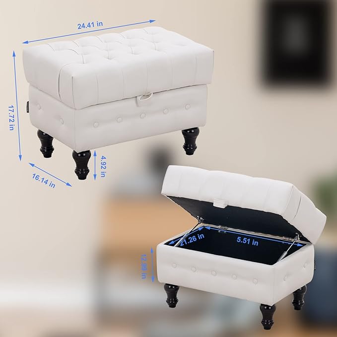 Artechworks Coffee Table Ottoman with Storage,Button Tufted PU Leather Upholstery Footstool Bed Ottoman for Living Room, Home Office, Space-Saving Storage Toy Box Stool, White