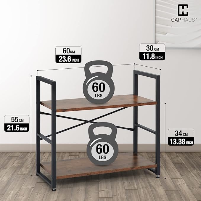 CAPHAUS 2 Tier Small Bookshelf, 24 Inch Width Free Standing Shelf, Bookcase Shelf Storage Organizer, Industrial Book Shelves for Home Office, Living Room, Rustic Oak Vintage Shelves & Metal Frame