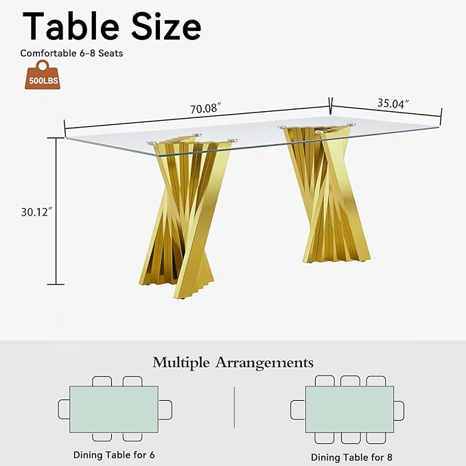 70" Modern Glass Dining Table for 6-8, Luxury Gold Glass Dining Room Table with Mirrored Flash-Shape Stainless Steel Base, Rectangle Kitchen Dinner Tables for Dining Room Kitchen