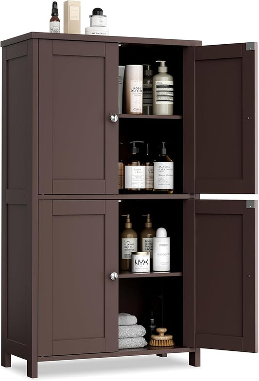 Vongrasig Bathroom Floor Storage Cabinet, Modern Storage Unit with 4 Doors and Adjustable Shelves, Freestanding Sideboard Cabinet for Bathroom, Kitchen, Living Room, Reddish Brown