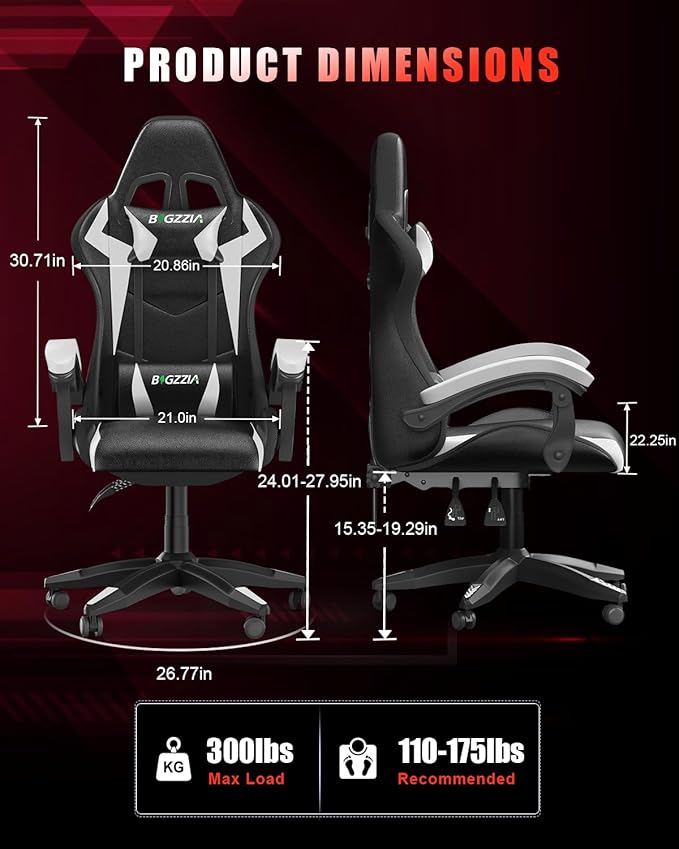 Bigzzia Gaming Chair with RGB LED Lights, High Back Ergonomic Computer Gamer Chair with Headrest and Lumbar Support, Racing Style Reclining Game Chair for Adults, Kids(Black/White)