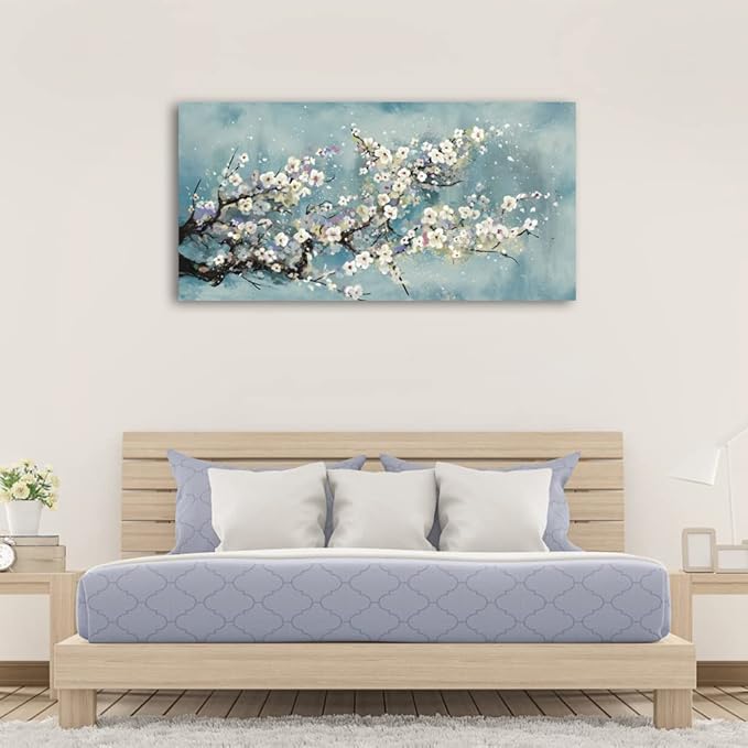 Flowers Wall Art Plum Blossom Canvas Art Botanical Floral Canvas Pictures Grey Blue Canvas Artwork for Bedroom Living Room Bathroom Kitchen Office Home Wall Decor Framed Ready to Hang 24" x 48"