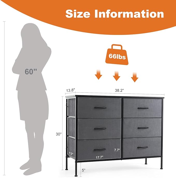 Sweetcrispy 6 Drawer Dresser for Bedroom, Fabric Chest of Drawers Dressers, Storage Tower Unit with Fabric Bins, Bedroom Dresser for Closet, Living Room, Hallway, Wood Top, Steel Frame, Grey