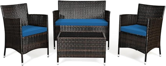 Goplus 4-Piece Rattan Patio Set, Outdoor/Indoor Wicker Conversation Set for Pool, Backyard, Lawn, Wicker Chairs and Sofa with Soft Cushion, Rattan Furniture with Tempered Glass Coffee Table