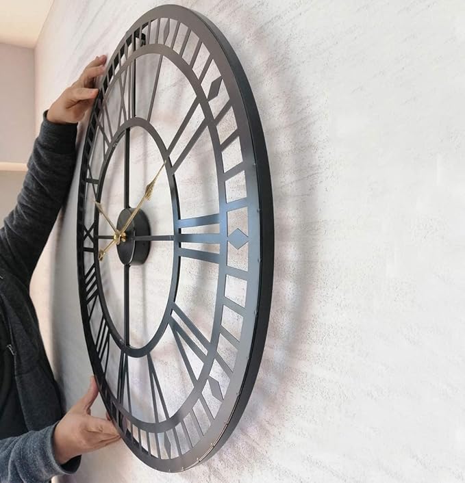 18 Inch Wall Clock for Living Room Decor, Silent Non-Ticking Battery Operated Metal Wall Clock, Indoor Outdoor Clocks with Roman Numerals, Black