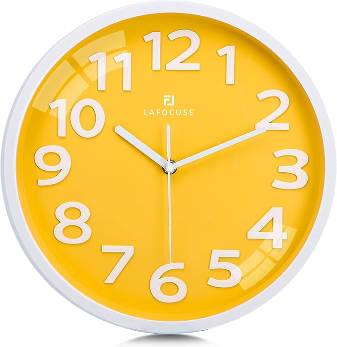 Lafocuse 12 Inch 3D Numbers Yellow Wall Clock for Living Room Decor, Modern Kitchen Wall Clock Battery Operated Silent Non-Ticking Bedroom Home Office