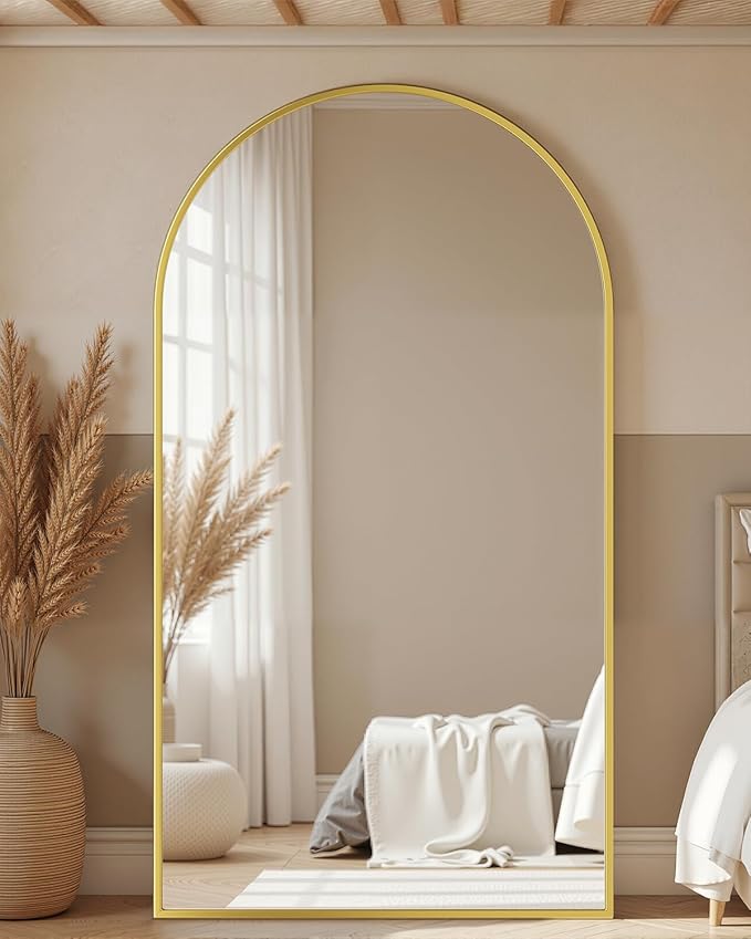 Full Length Mirror with Stand, 76"x44" Arched Full Body Mirror, Large Stand Up Mirrors, Aluminum Frame Floor Standing Mirrors, Freestanding Hanging Leaning Mounted for Bedroom Living Room, Gold