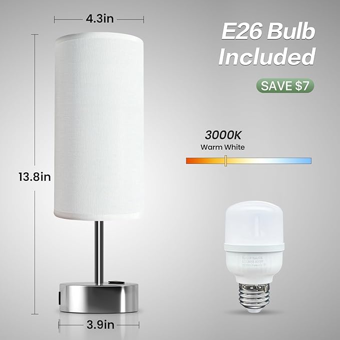 KPQ Small Bedside Lamp Touch Control Table Lamp with USB A+C Charging Ports & AC Outlet 3-Way Dimmable Nightstand Lamp with Linen Fabric Shade for Bedroom Living Room
