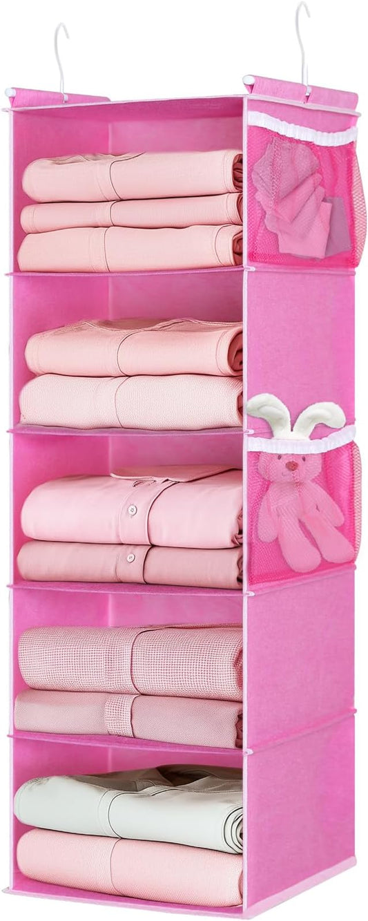 MAX Houser 5-Shelf Hanging Closet Organizer, Hanging Storage Shelves with 4 Side Pockets Space-Saving for Bedroom, Foldable (Pink)