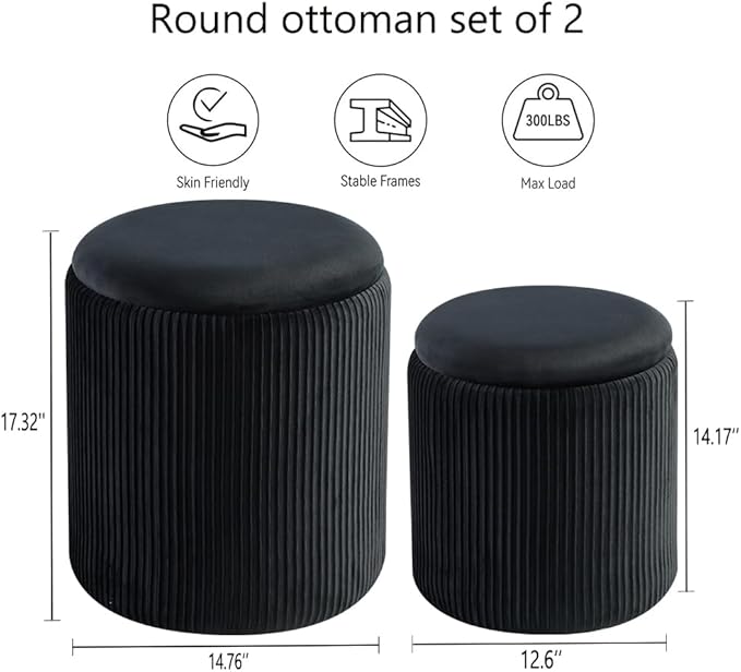 Round Ottoman with Storage Set of 2-Upholstered Sherpa Vanity Stool for Makeup Multifunctional Ottomans Coffee Table Padded Seat Foot Rest (Black)