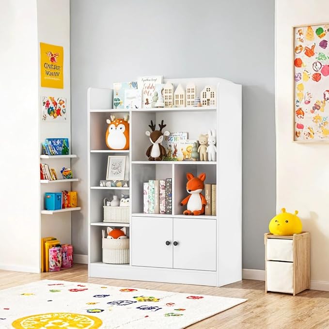 White Kids Bookshelf, Kids Bookcase with 7 Cubbies and 2 Cabinets, Freestanding Book Storage Shelves for Bedroom, Playroom, Hallway
