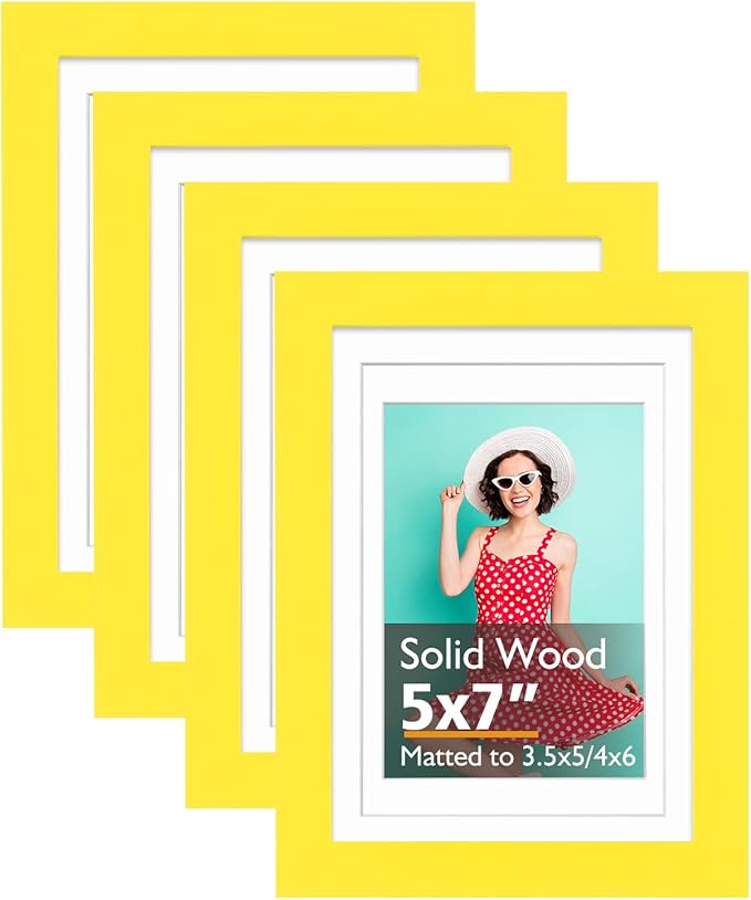 KINLINK 5x7 Picture Frame Yellow, Solid Wood Frames with Acrylic Plexiglass for 3.5x5/4x6 with Mat or 5x7 without Mat, Tabletop and Wall Display Photo Frame, Set of 4