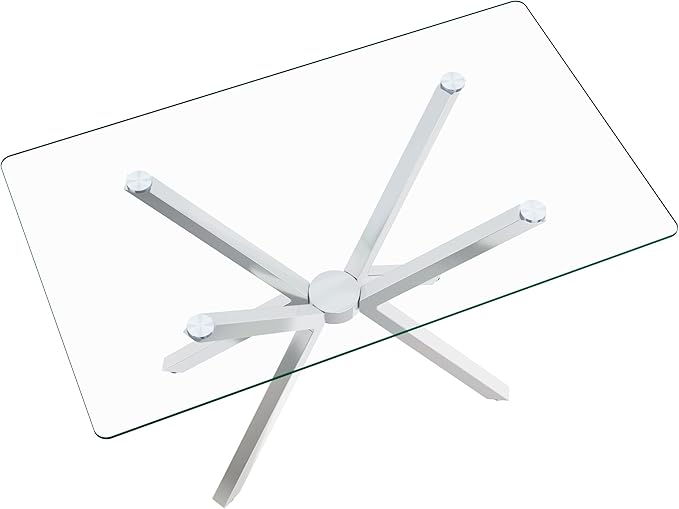 47" Tempered Glass Dining Table for 4, Modern Kitchen Table Rectangle Top, Geometric Metal Leg, for Apartment Dining Room Restaurant (Silver)