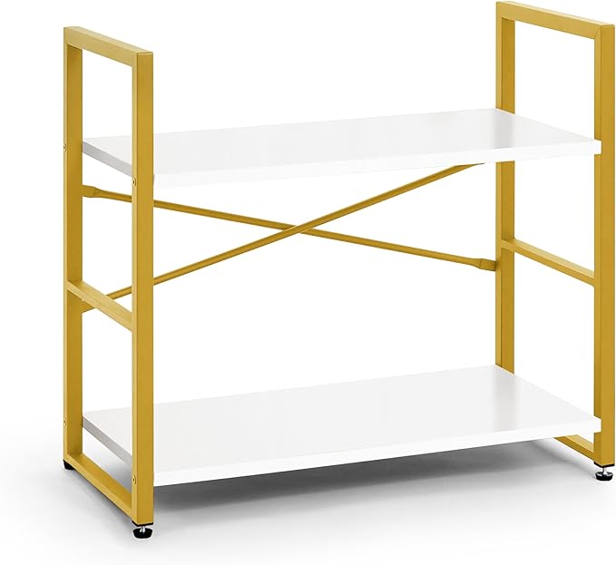 CAPHAUS 2 Tier Small Bookshelf, 24 Inch Width Free Standing Shelf, Bookcase Shelf Storage Organizer, Industrial Book Shelves for Home Office, Living Room, White Wooden Shelves & Gold Frame