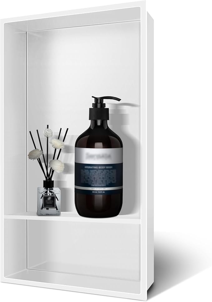 12" X 25" Stainless Steel Shower Niche Insert Tile Ready, Niche for Shower Wall, 2-Tier Recessed Shelves No Tile Needed for Bathroom Storage, White