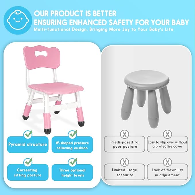 Kids Height Adjustable Toddler Chair Max Load 220LBS Plastic Indoor Outdoor for Children Age 1-6 School Home Daycare Use Pink