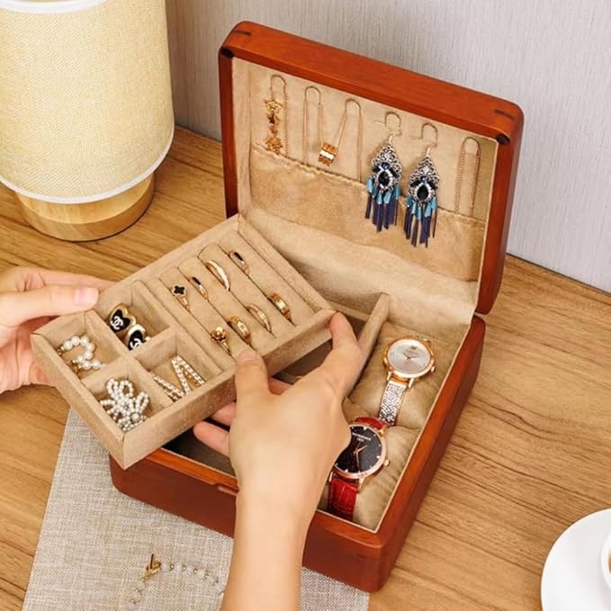 Bescott 2 Layer Solid Wooden Jewelry Box for Women Real Wood Vintage Jewelry Organizer Storage for Earrings Rings Necklaces Bracelet Watch Men